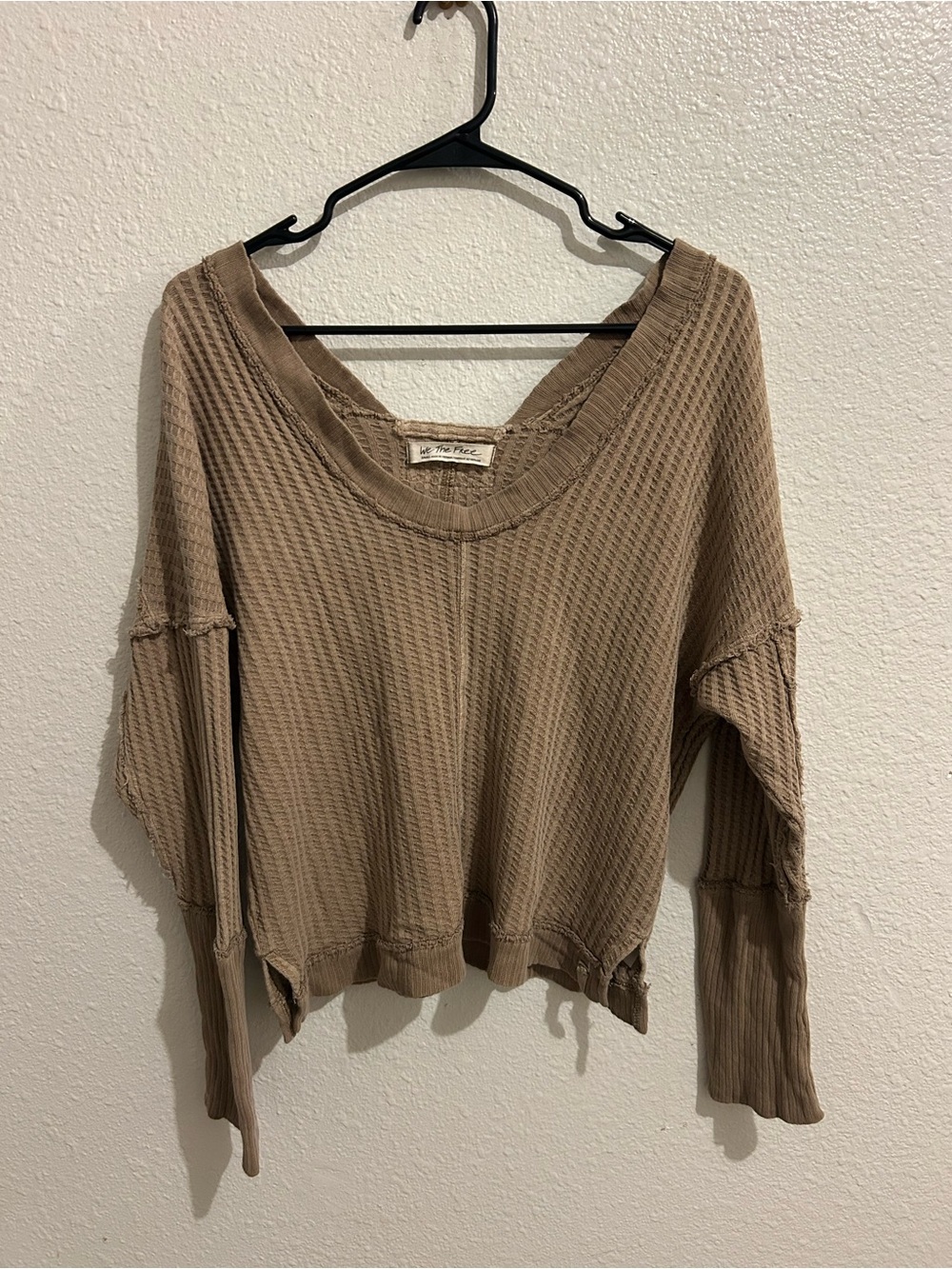 We The Free Waffle-Knit V-Neck Pullover in Taupe